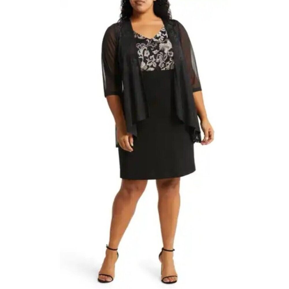 Connected Dress 20W Black Gold W Sheer Jacket Stretch Party Wedding Cruise NEW